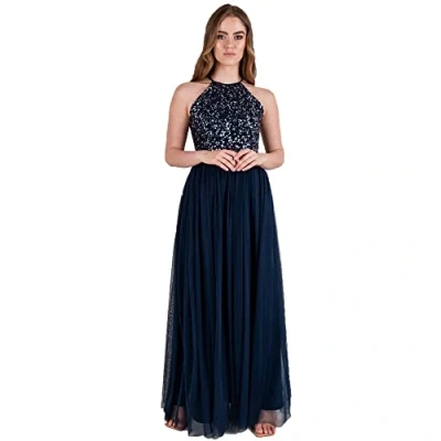 Image of Maya Deluxe Women&#039;s Navy Embellished Halter Neck Maxi Dress Bridesmaid, 14