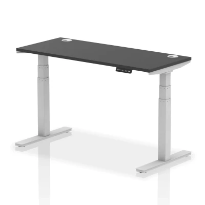 Image of Air 1400x600mm Height Adjustable Desk Black Top Cable Ports Silver Leg
