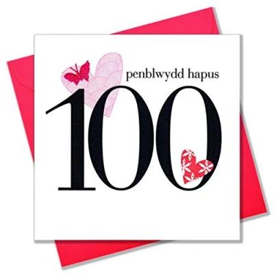 Image of Claire Giles Hearts and Stars Welsh Penblwydd Hapus Happy 100th Birthday Card Pink