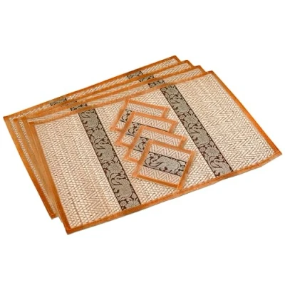 Image of Hand Woven Wicker Reed Placemats Coaster Set Eco Friendly Alternative to Plastic Heat Resistant Thai Style Durable Easy Clean for Dining Table of 4 (Large Light Gold (Small Trim))