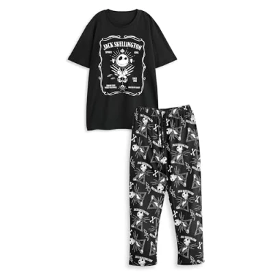 Image of Disney The Nightmare Before Christmas Mens Pyjama Set Adults Jack Skellington Graphic Short Sleeve Top &amp; Long Leg PJ Bottoms in Black Spooky Character Print Nightwear Classic Movie Merchandise