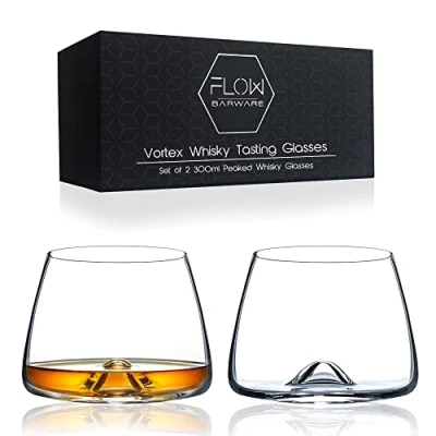 Image of FLOW Barware Vortex Whiskey Tasting Glass Set of 2 Handblown Snifter Crystal Whisky Glasses Unique Swirl Design Nosing for Scotch, Bourbon
