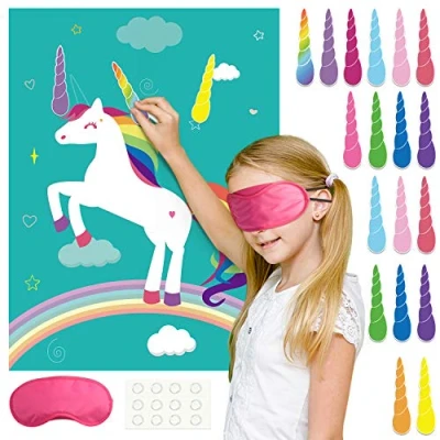 Image of FEPITO Pin The Horn on unicorn Game for Kids Party with 24 Stickers Poster Birthday Girls Rainbow Favors Supplies Decoration Home Wall Decor Backdrop