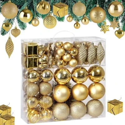 Image of CASARIA® 103Pcs Christmas Tree Baubles Set Hanging Balls, Decoration Stars, Cones, Bells Ornaments for Indoor and Outdoor Glossy, Glittery Matt Finish Radiant Gold