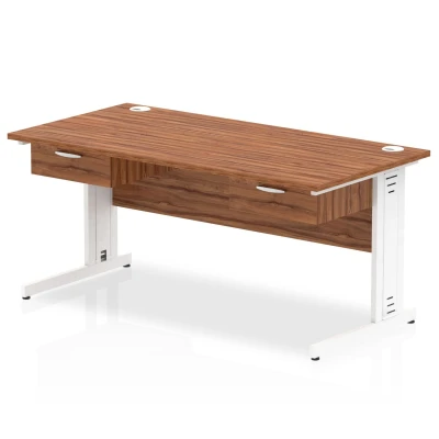 Image of Impulse 1600x800 Desk Walnut/White Cable Managed 2x1 Drawer Fixed Peds