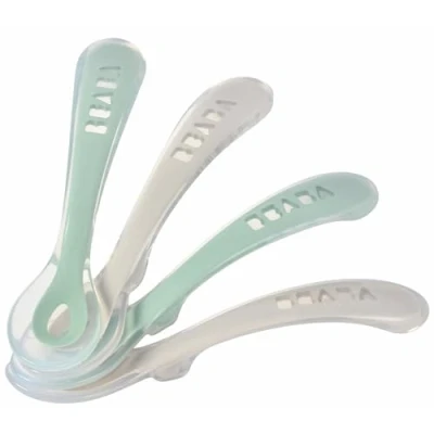 Image of Béaba Silicone Spoon for Baby and Children Set of 4 Stage 2 Soft Rounded tip Ergonomic Handle Velvet Grey/sage Green