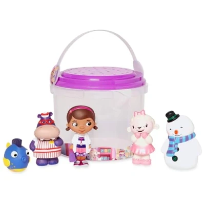 Image of Disney Store Official Bath Toy Set for Kids, Doc McStuffins, 5 Pc., Playset Includes Bucket with Straining Lid and Five Figures, Suitable Ages 6 Months+