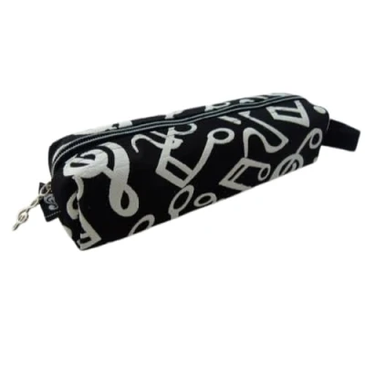 Image of Embossed White Musical Notes Black Tube Zipper Pencil Case Pouch with Hand Strap
