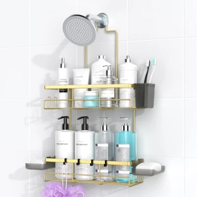Image of AKTECKE Shower Caddy Hanging Bathroom Organizer: Rustproof Shelf for Inside No Drilling Racks Over Showerhead Bath Shelves Rack Shampoo Soap Gold