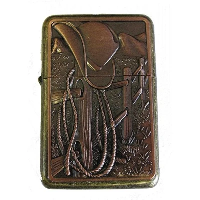 Image of Lucy G COWBOY DESIGN 19 PETROL LIGHTER IN GIFT TIN (Antique Brass)