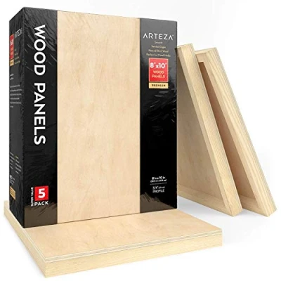 Image of Arteza Wooden Canvas Board, 20 x 25 cm (8x10), Pack of 5, Birch Wood, Cradled Artist Wood Panels for Painting, Encaustic Art, Burning, Pouring, Use with Oils &amp; Acrylics