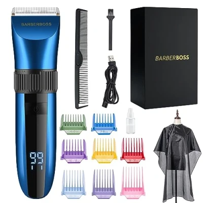 Image of BarberBoss Cordless Self Sharpening Beard &amp; Hair Trimmer Waterproof with Ceramic Blades, LED Display, Fast Charging, and 8 Color Comb Attachments QR 2082