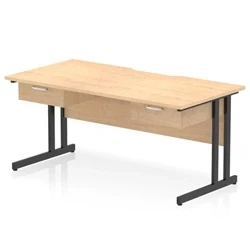 Image of Impulse 1600 x 800mm Scalloped Edge Straight Office Desk Maple Top Black Cantilever Leg Workstation 2 1 Drawer Fixed Pedestal