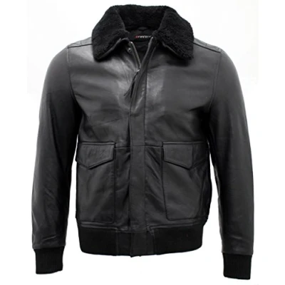 Image of Infinity Men&#039;s A2 Black Sheep Nappa Leather Bomber Jacket with Detachable Sheepskin Collar S