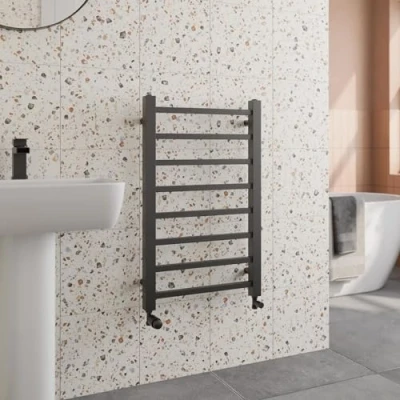 Image of Solaro® 800 x 500mm Square Bar Straight Heated Towel Rail Radiator Modern Central Heating Bathroom Warmer Wall Mounted Ladder Rad, Matt Black