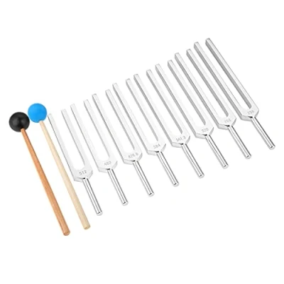 Image of gohantee 9 pcs Tuning Forks, Aluminum Alloy Fork Kit with 1 Sound Hammer for Healing Vibration Therapy, Chakra and Instrument Tuning, Low Frequency
