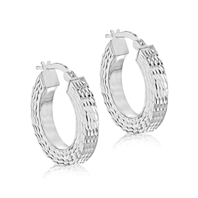 Image of Tuscany Silver Women&#039;s Sterling Patterned Square Tube Hoop Earrings