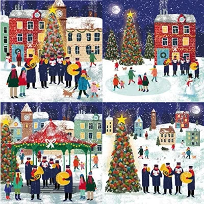 Image of The Great British Card Almanac Gallery Box of 16 Artistic Christmas Cards Alex Gunn Town Scenes Cards, 4 Each Stunning Designs, Multicolor