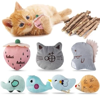 Image of SeaMorn 37Pcs Catnip Toys for Cats 9Pcs Plush Filled Indoor Kitten and 30Pcs Cat Chew Sticks, Value Pack Playing Chewing Grinding Claw Teeth Cleaning