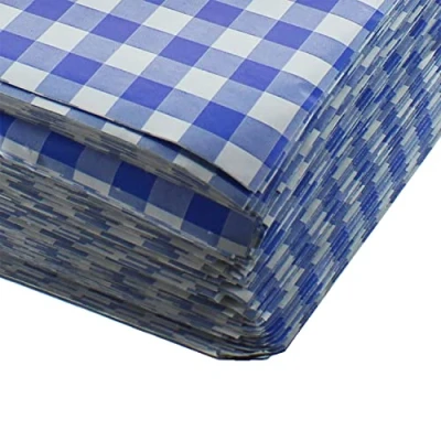 Image of Deli Supplies 1000 x Gingham Greaseproof Duplex Paper Blue Pack of app Sheets 250mm 375mm 5kg Liner Chip Basket Bucket Meat Bakery