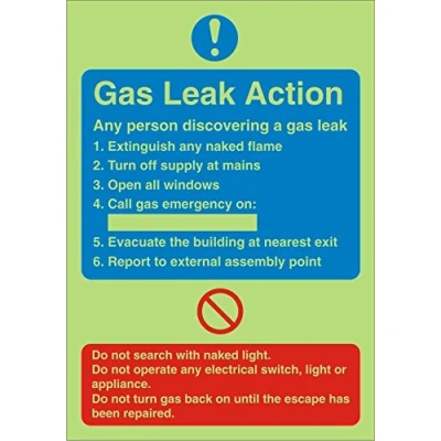 Image of Seco Gas Leak Action Sign, 150mm x 200mm Photoluminescent Self Adhesive Vinyl
