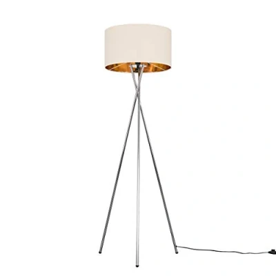 Image of MiniSun Modern Polished Chrome Metal Tripod Floor Lamp with a Beige &amp; Gold Cylinder Shade