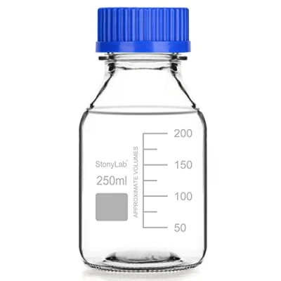 Image of stonylab Graduated Storage Bottles with GL45 Screw Cap, 250 ml Glass Clear Round Lab Reagent Media Blue 1 Pack