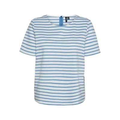 Image of VERO MODA Women&#039;s Vmabby SS Zip Top JRS Noos, Snow White/Stripes: Ibiza Blue, XS