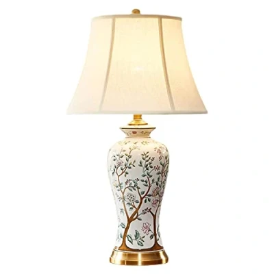Image of Table Lamp Twig Ceramic Vintage Rustic White 27.5&quot; Tall Coastal Bedside Chinese Body with Fabric Tapered Drum Shade for Living Room Bedroom Home Decor Hallway Kitchen