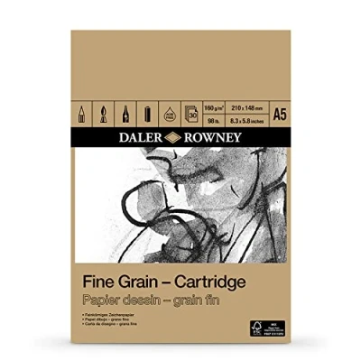 Image of Daler Rowney Fine Grain Lightly Textured 160gsm A5 Cartridge Drawing Paper Pad, Glued 1 Side, Acid free, 30 White Sheets, Ideal for Professional Artists &amp; Students
