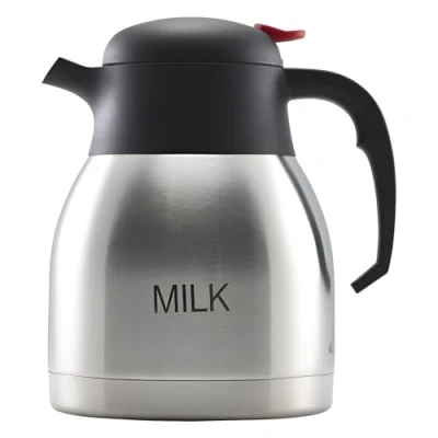 Image of Genware NEV V1299MILK Milk Inscribed Vacuum Push Button Jug, Stainless Steel