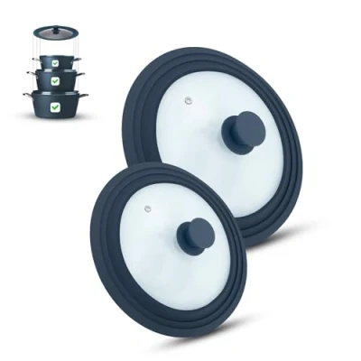 Image of Set of 2 universal glass lids, part, pots and pans 16/18/20 cm &amp; 24/26/28 cm, with outlet valve silicone rim. (Gray, cm)