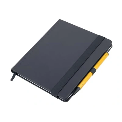 Image of Troika Notepad Black DIN A5 Slim Pad with Ballpoint Pen Yellow, Elastic Band Closure, Dot Grid, Loop, Bookmark, FSC Certified Paper, Dyed Page Edges, Faux Leather