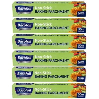 Image of Professional Non Stick Baking Parchment Paper Premium Quality Greaseproof Fridge &amp; Freezer, Microwave and Oven Safe (up to 220C) 450mm x 50m Pack of 6