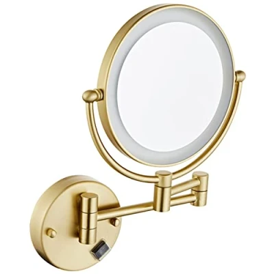 Image of YSOLDA 8 Inch Wall Mounted Lighted Makeup Mirror, Dual Sided Vanity Mirror with LED, Brushed Gold Extendable Swivel Magnifying Cosmetic Bathroom Brass Shaving Mirror,Hard Wired,5X