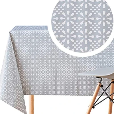 Image of KP HOME Square Shape Grey PVC Wipe Clean Oilcloth Tablecloth With White Floral Print 140x140cm Classic Teal Wipeable Vinyl Plastic Table Cloth