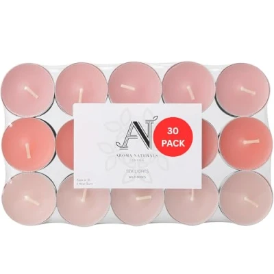 Image of Aroma Naturals London Scented Tealight Candles Bag 4 Hour Burn Time Standard Size D3.77 x H1.45cm Three Tone Coloured Wax &amp; Aluminium Cups Pack of 30 Tea Lights Scent (Wild Roses)