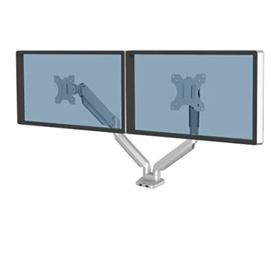 Image of Fellowes Dual Monitor Arm Platinum Series Mount for Two 8KG 32 inch Screens Ergonomic Adjustable Desk Tilt 45 Swivel 360 Rotation VESA 75 x 75/100 100 Silver