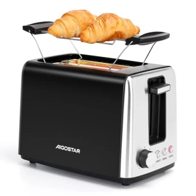 Image of Aigostar 2 Slice Toaster with Warming Rack, 750W Low Wattage Black Toaster, 7 Variable Browning Settings, Defrost Reheat Cancel Functions, Auto Shut Off, BPA Free Delish 30A3Y