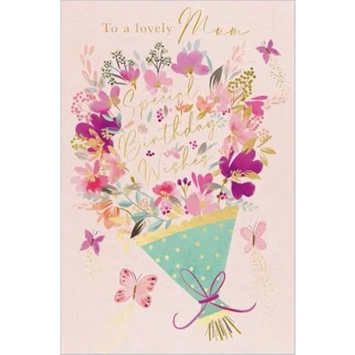 Image of Abacus Cards Lovely Mum Birthday Card Pink Floral Bouquet and Butterflies Embossed with Foil Details Eco Friendly Recyclable