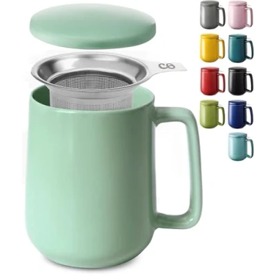 Image of Cosumy Tea Cup with Infuser and Lid 500ml Large Red Ceramic Mug Long Warmth Scratch Resistant Dishwasher Safe