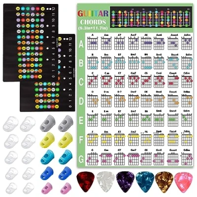 Image of 20 Pcs Guitar Finger Protectors Guards Protection Silicone Covers Caps for Bass Ukulele with 2 Fretboard Stickers and Chord Chart