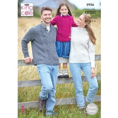 Image of King Cole 5956 Knitting Pattern Family Raglan Sleeve Cable Sweaters in Wool Aran