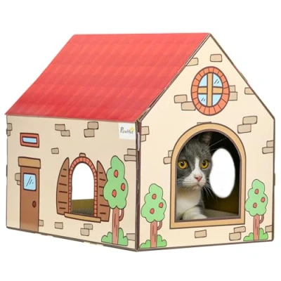 Image of PawHut Cardboard Cat House, Recyclable Corrugate Scratcher for Indoor Cats
