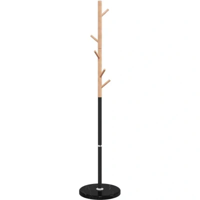 Image of vidaXL Black Powder Coated Iron/Beech Wood Coat Stand Rack 172 cm Tall, Marble Base, 6 Hooks, Freestanding Clothes Hanger for Home Organisation