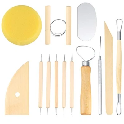 Image of Ceramic Clay Tools Set, Wooden Metal Pottery Sculpting Tools, Wax Sculpture Carving Modeling Kits for Adults Beginners Shaping Smoothing (Wood color)