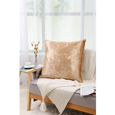 Image of 24inch Set of 2 Plain Crushed Velvet Cushion Cover with Filled Hollow Fiber Piped Edges Pillow Case Decorative Sofa Square Pillowcase for Home Garden Décor 60cm x (Pack 2) (Gold))