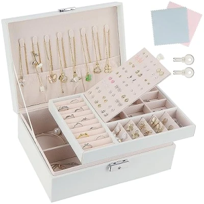 Image of TEIVUL Jewellery Box,2 Layer PU Leather Jewelry Box Organiser with 2 Keys,Suitable for Rings Earrings Necklaces Bracelets Accessories, Gifts Women Girls（White）