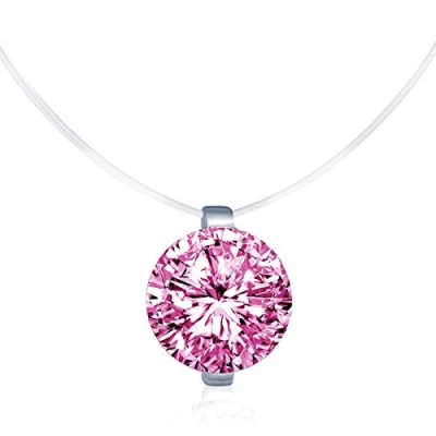 Image of Infinite U Creative 925 Sterling Silver Pink Cubic Zirconia Pendant Solitaire Necklace Fishing Line Nylon Chain for Women/Girls