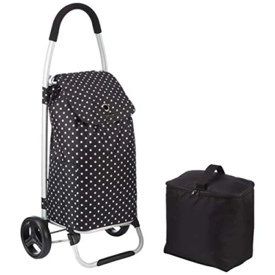 Image of KitchenCraft Foldable Shopping Trolley on Wheels with Removable Cool Bag for Frozen Foods, Robust Metal and Showerproof Polyester, 45 x 33 100 cm, Black Polka Dot Print